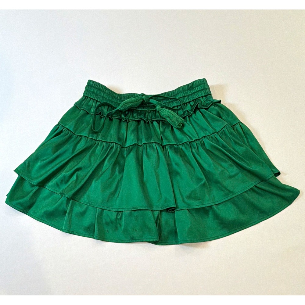 pants store Women's S Solid Green Satin Layered Ruffle Mini Skort Elastic Lined